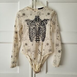 Forever 21 x Fredericks Skeleton Ribcage Occult Goth Graphic Bodysuit Cream